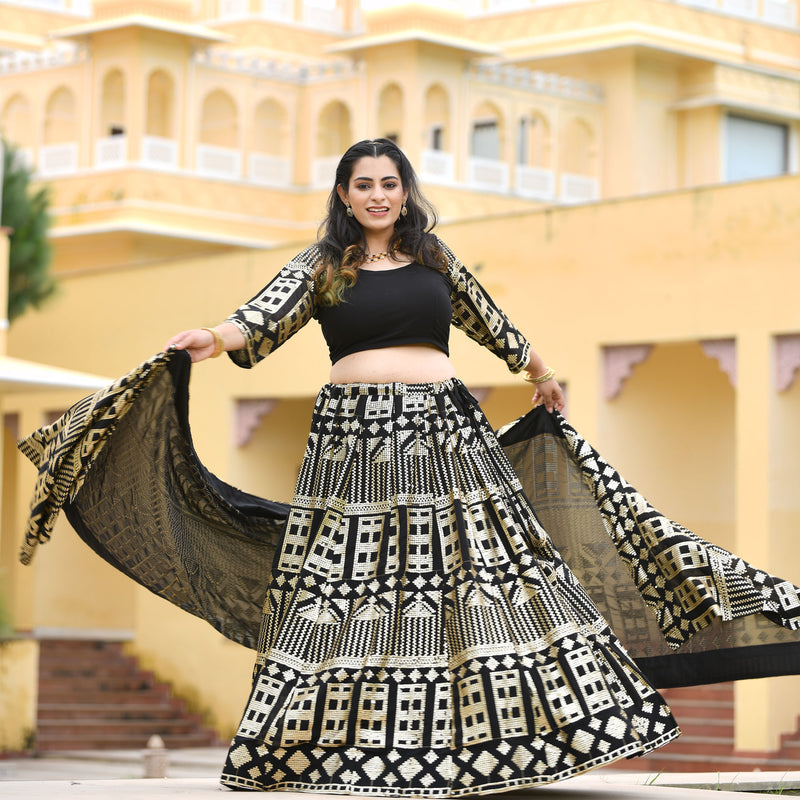 Black Georgette Tikdi Work Lehenga Set