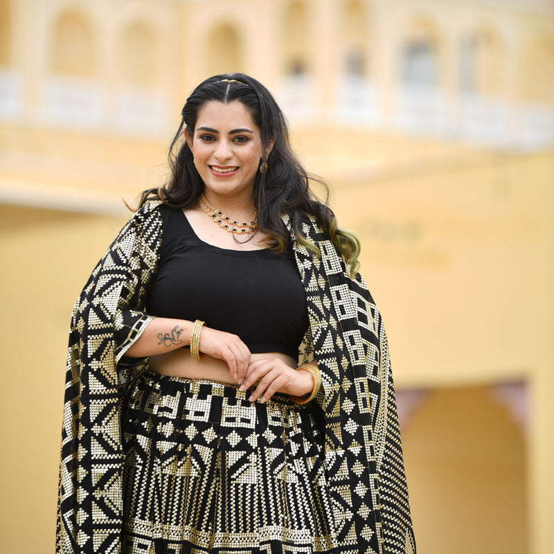Black Georgette Tikdi Work Lehenga Set