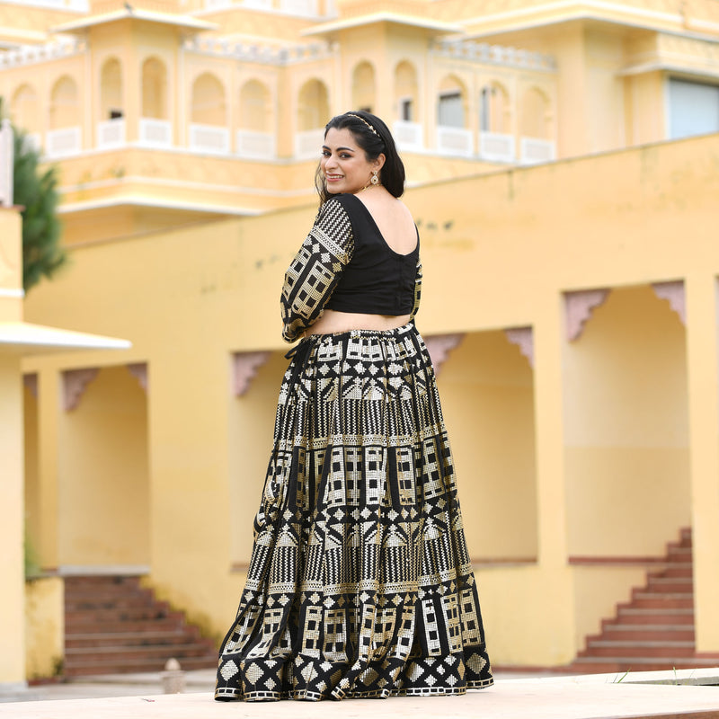 Black Georgette Tikdi Work Lehenga Set