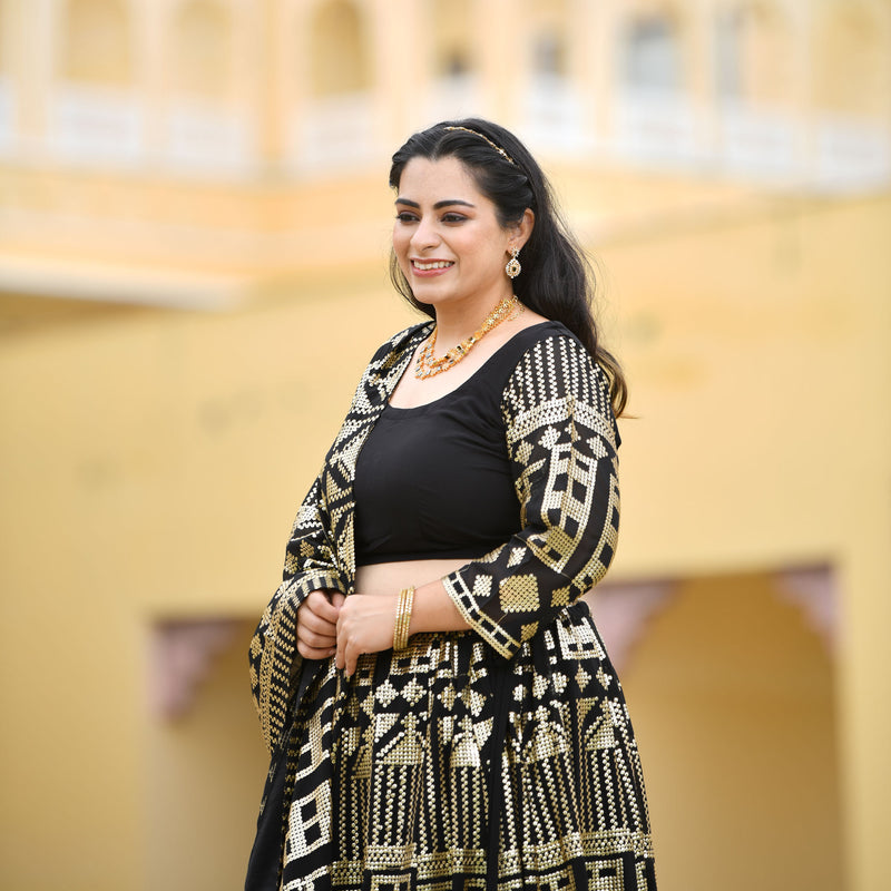 Black Georgette Tikdi Work Lehenga Set