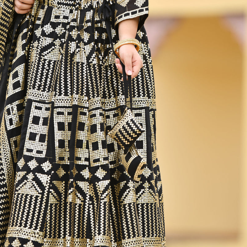 Black Georgette Tikdi Work Lehenga Set