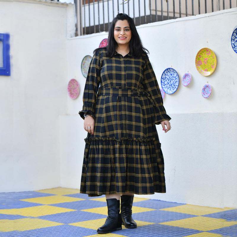 Woollen Yellow Black Checked Dress