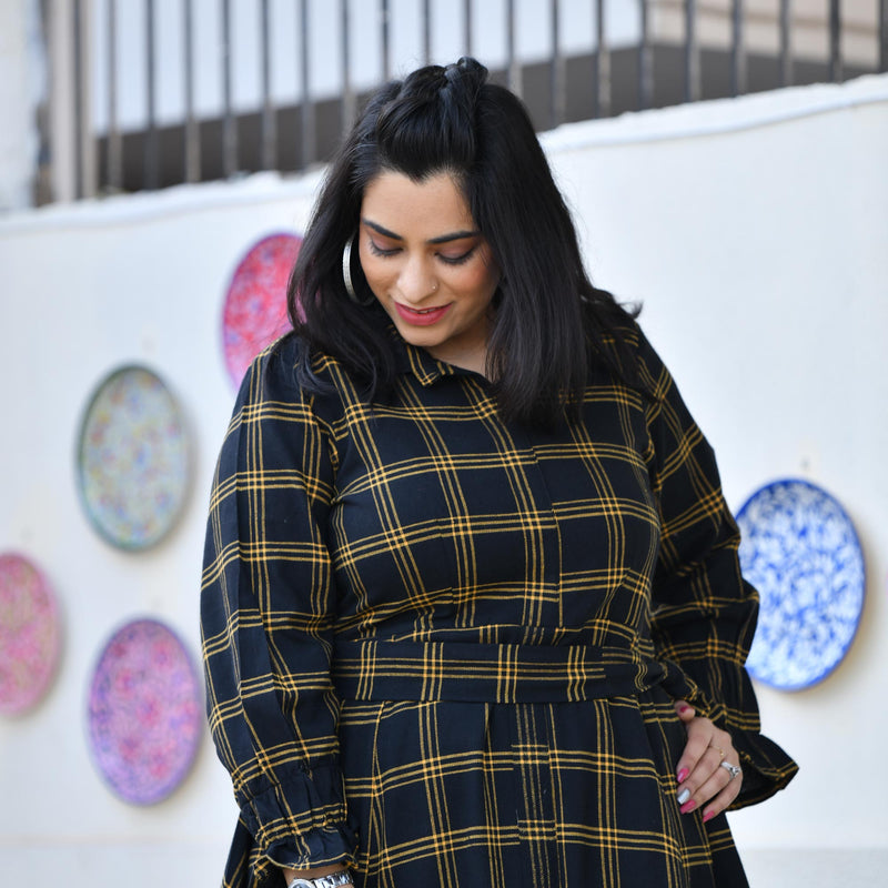 Woollen Yellow Black Checked Dress