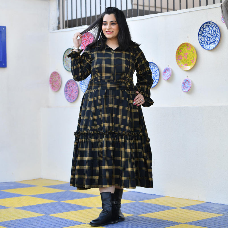 Woollen Yellow Black Checked Dress