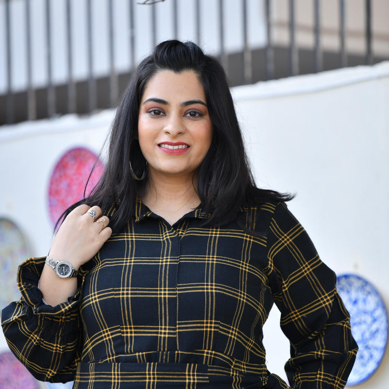 Woollen Yellow Black Checked Dress