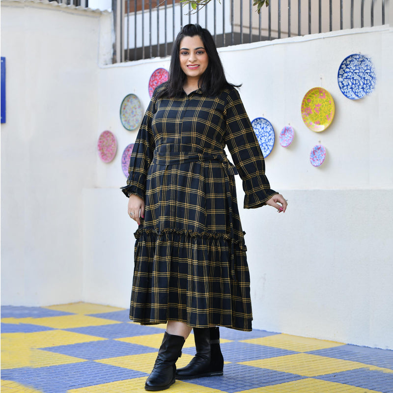 Woollen Yellow Black Checked Dress