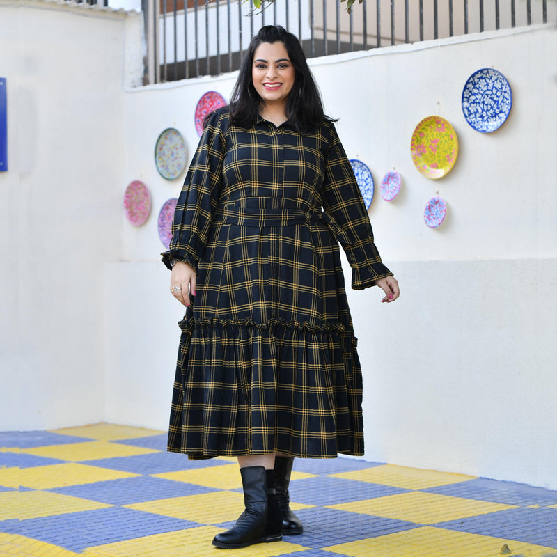 Woollen Yellow Black Checked Dress