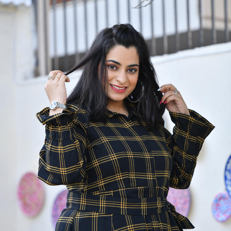 Woollen Yellow Black Checked Dress