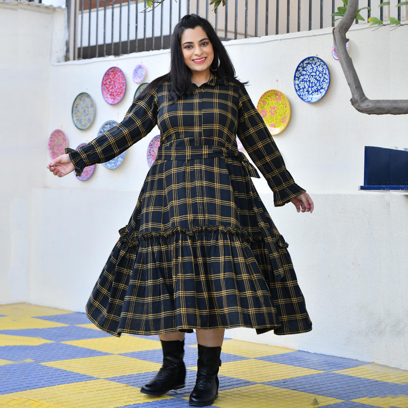 Woollen Yellow Black Checked Dress