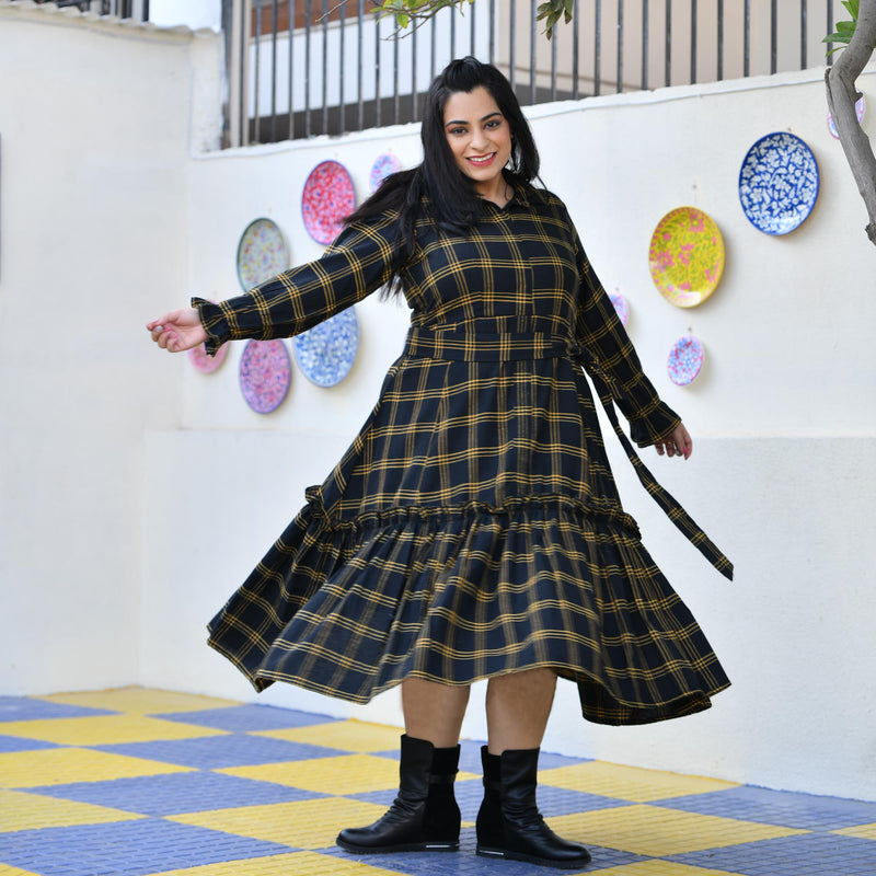 Woollen Yellow Black Checked Dress