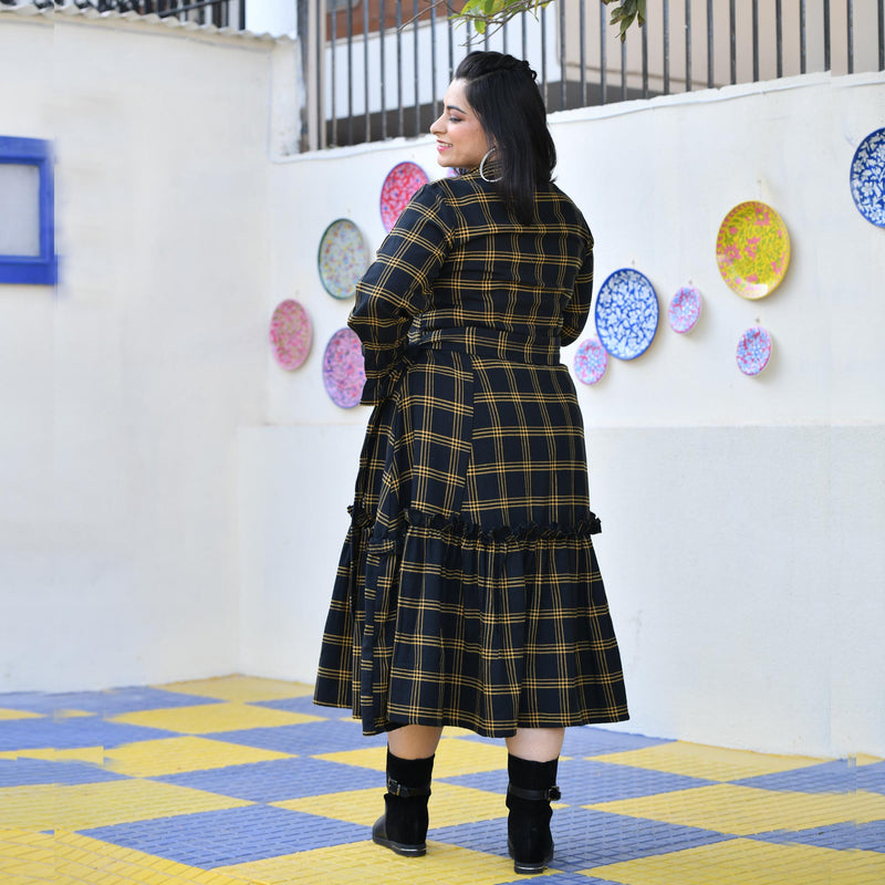 Woollen Yellow Black Checked Dress
