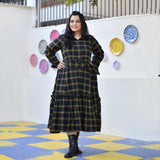 Woollen Yellow Black Checked Dress