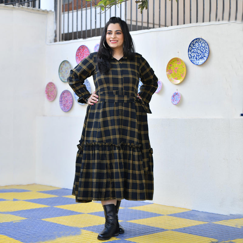 Woollen Yellow Black Checked Dress