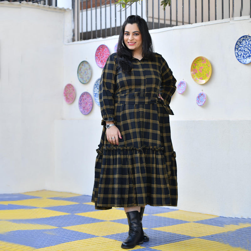 Woollen Yellow Black Checked Dress