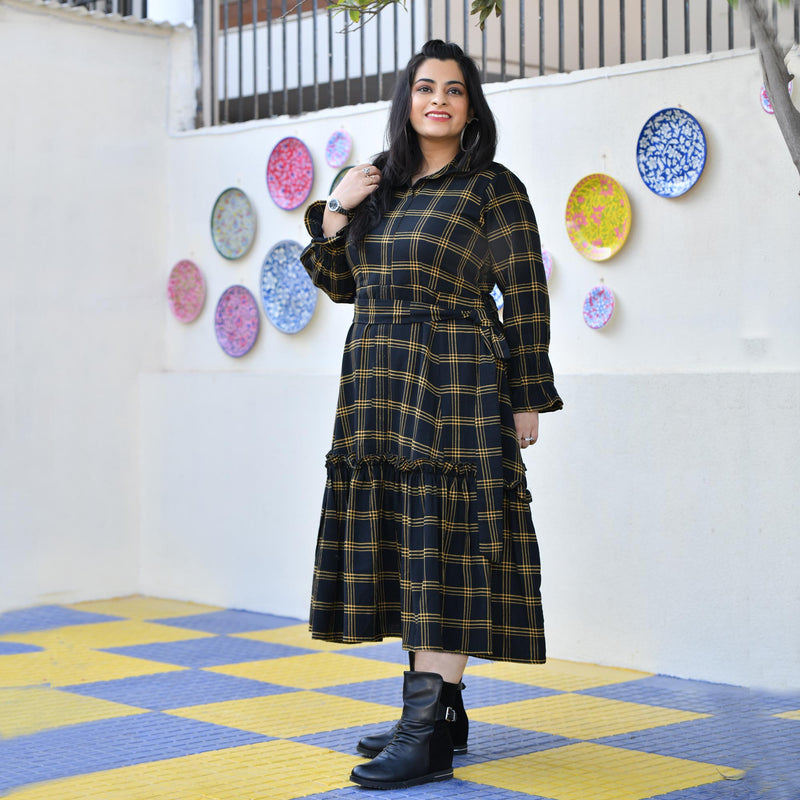 Woollen Yellow Black Checked Dress