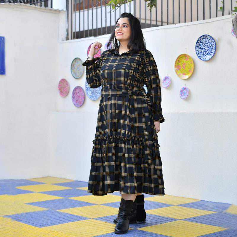 Woollen Yellow Black Checked Dress
