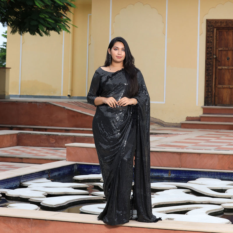 Pepper Black Sequin Embroidered Drape Saree