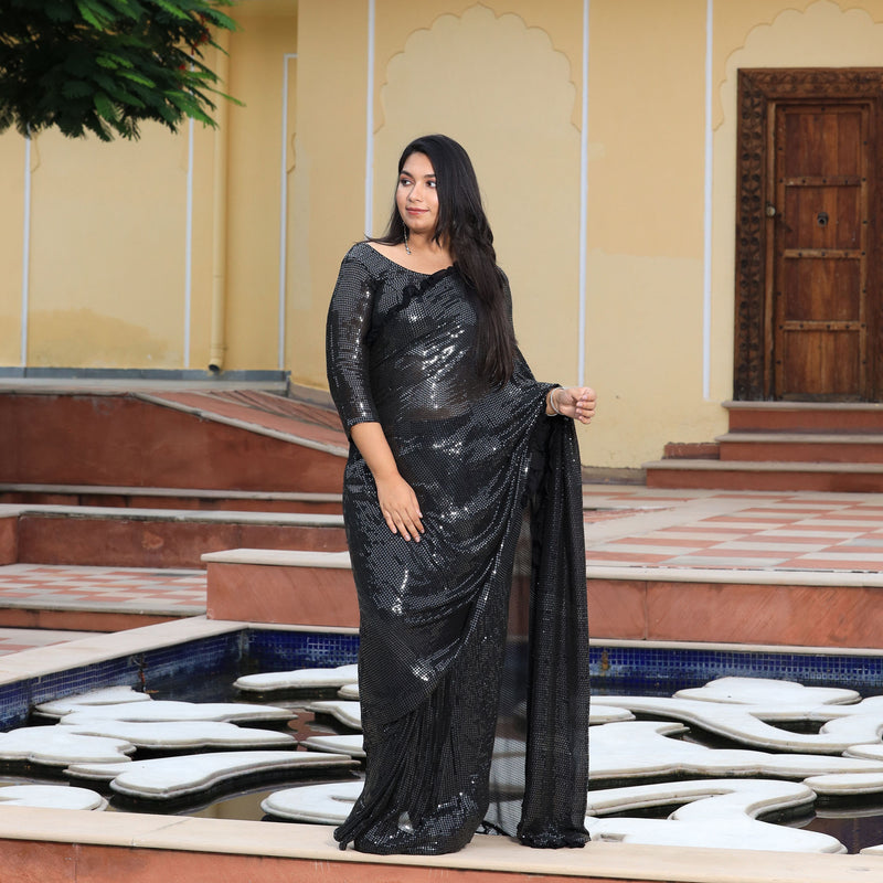 Pepper Black Sequin Embroidered Drape Saree