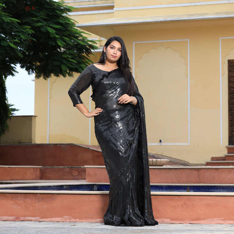 Pepper Black Sequin Embroidered Drape Saree