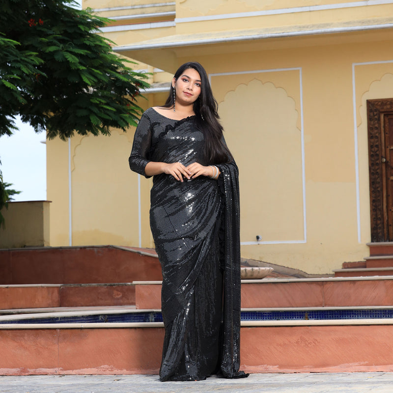 Pepper Black Sequin Embroidered Drape Saree