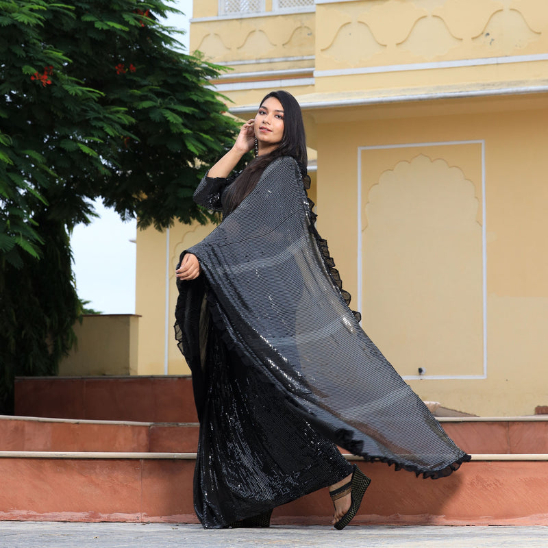 Pepper Black Sequin Embroidered Drape Saree