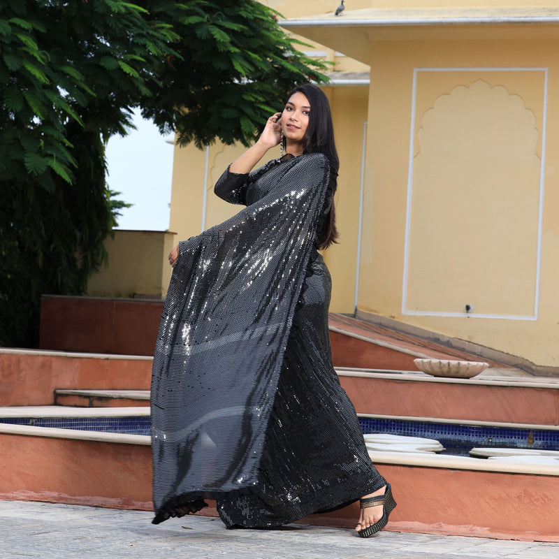Pepper Black Sequin Embroidered Drape Saree