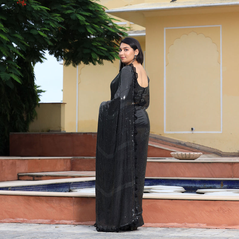 Pepper Black Sequin Embroidered Drape Saree