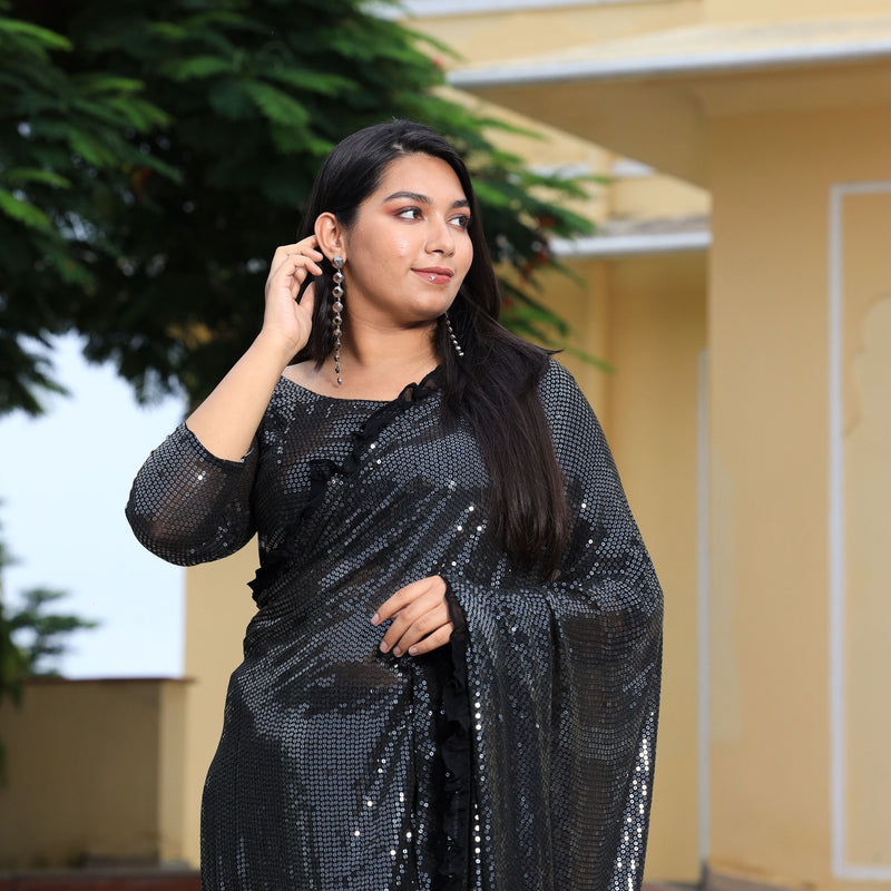 Pepper Black Sequin Embroidered Drape Saree