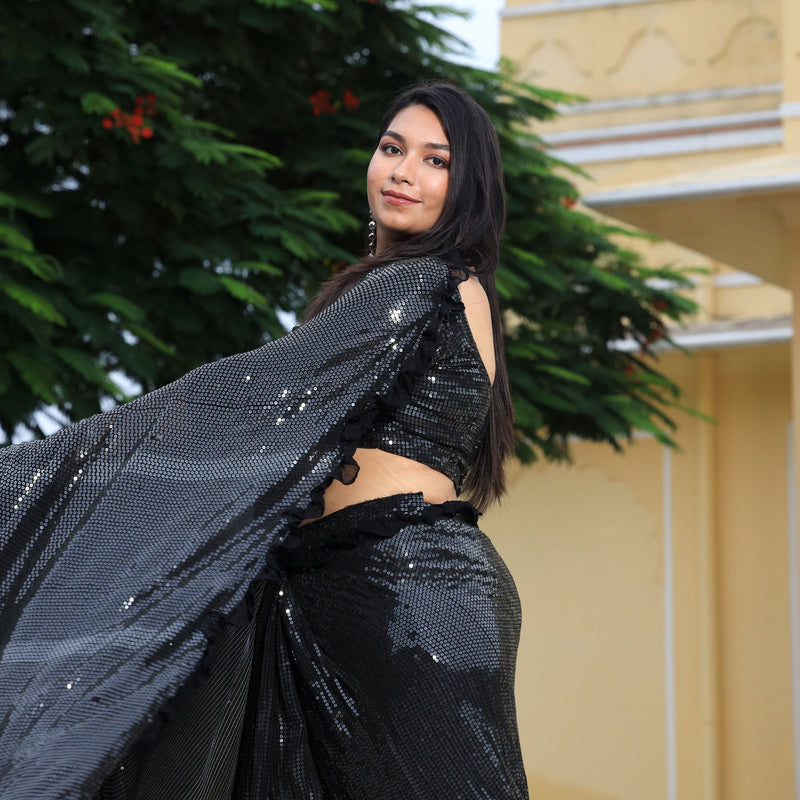 Pepper Black Sequin Embroidered Drape Saree