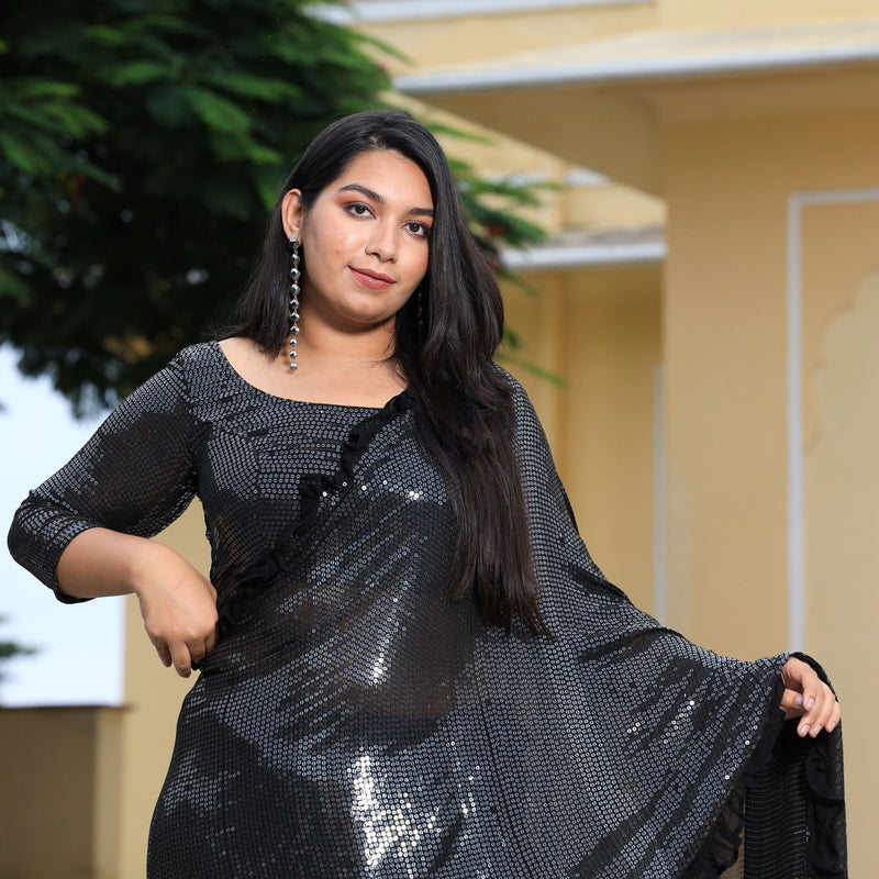 Pepper Black Sequin Embroidered Drape Saree