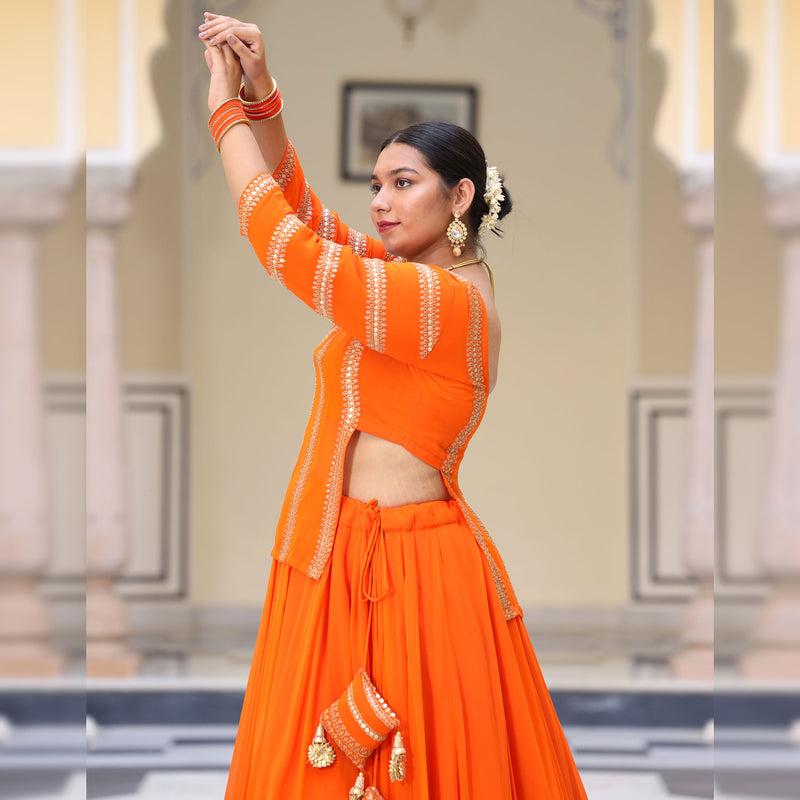Blaze Orange Sequin Embroidered Lehenga Set