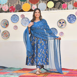 Cobalt Blue Floral Chikan Lace Cotton Anarkali