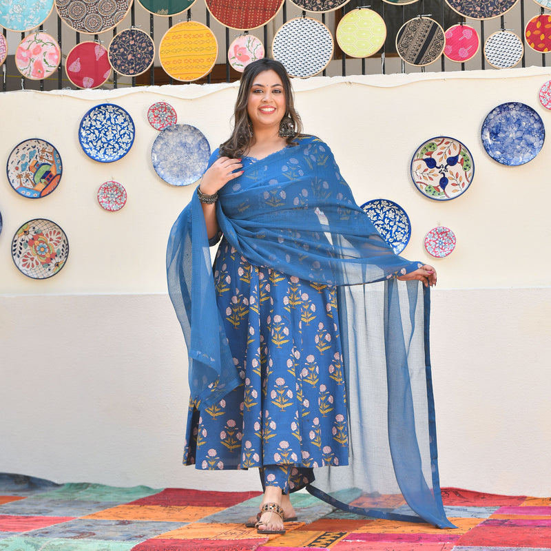 Cobalt Blue Floral Chikan Lace Cotton Anarkali Set