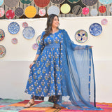 Cobalt Blue Floral Chikan Lace Cotton Anarkali Set