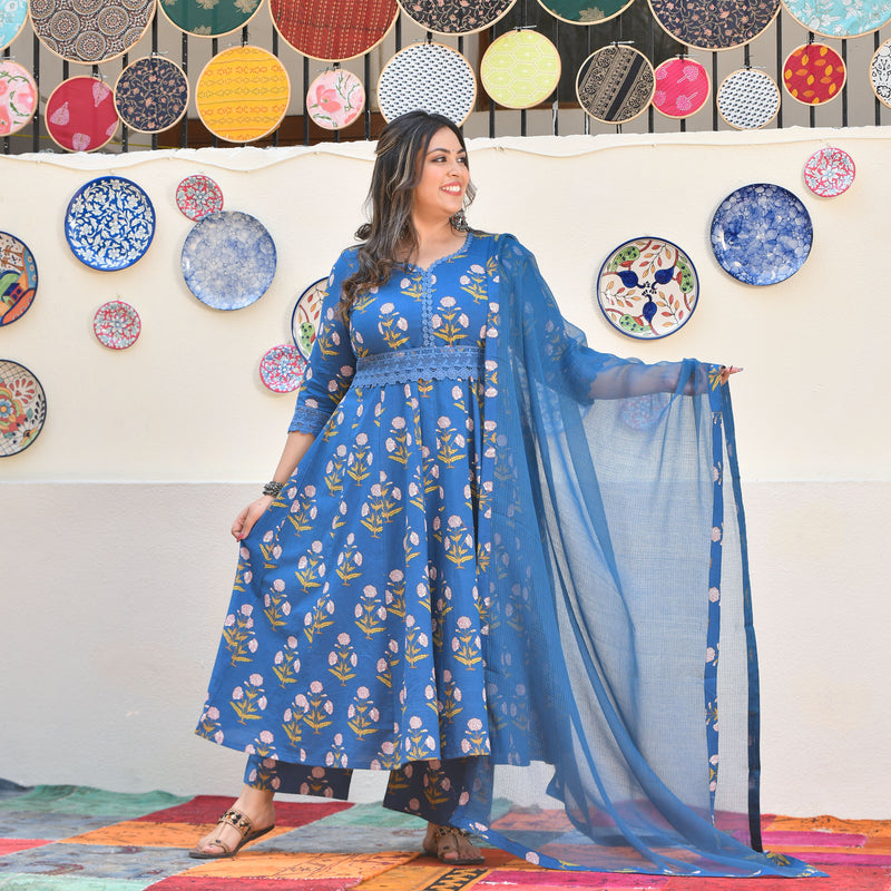 Cobalt Blue Floral Chikan Lace Cotton Anarkali Set