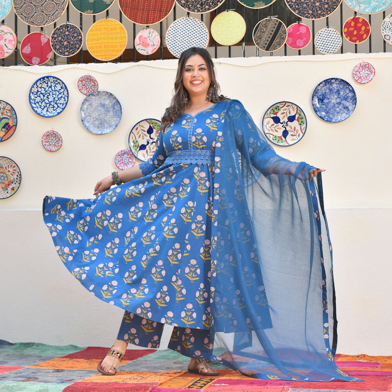 Cobalt Blue Floral Chikan Lace Cotton Anarkali Set