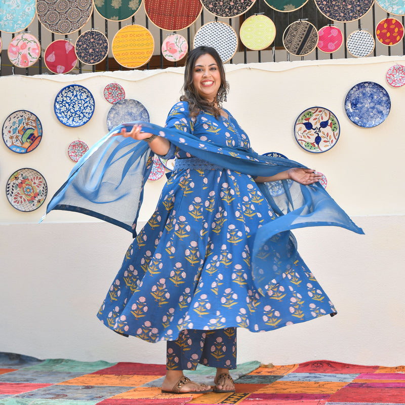 Cobalt Blue Floral Chikan Lace Cotton Anarkali Set