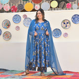 Cobalt Blue Floral Chikan Lace Cotton Anarkali