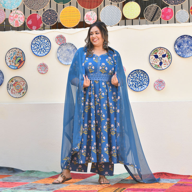 Cobalt Blue Floral Chikan Lace Cotton Anarkali