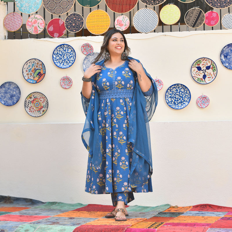 Cobalt Blue Floral Chikan Lace Cotton Anarkali Set