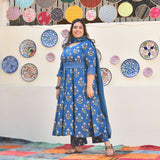 Cobalt Blue Floral Chikan Lace Cotton Anarkali Set