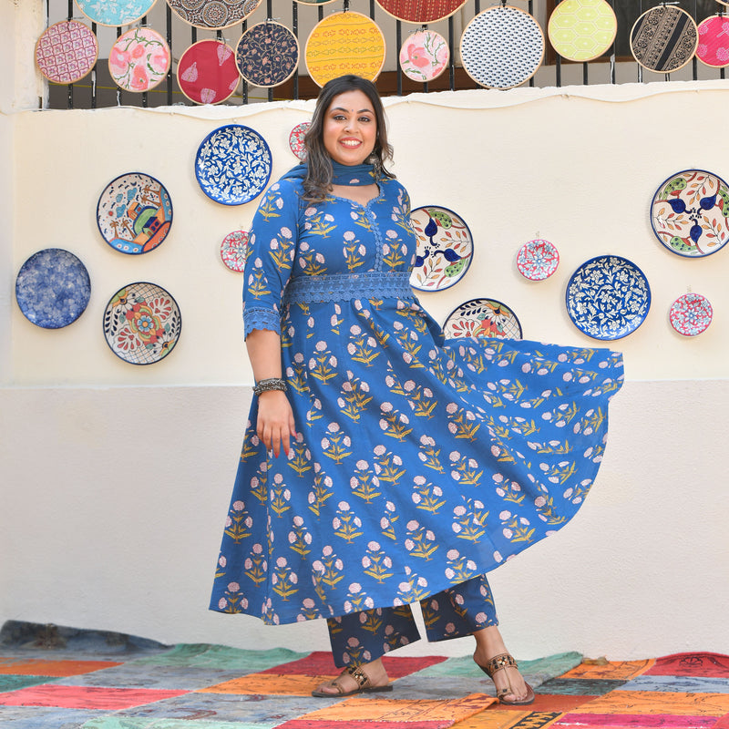 Cobalt Blue Floral Chikan Lace Cotton Anarkali Set
