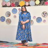 Cobalt Blue Floral Chikan Lace Cotton Anarkali Set