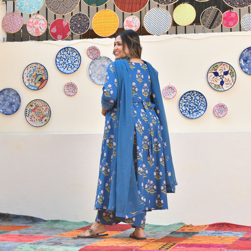 Cobalt Blue Floral Chikan Lace Cotton Anarkali Set