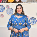 Cobalt Blue Floral Chikan Lace Cotton Anarkali Set