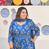 Cobalt Blue Floral Chikan Lace Cotton Anarkali Set
