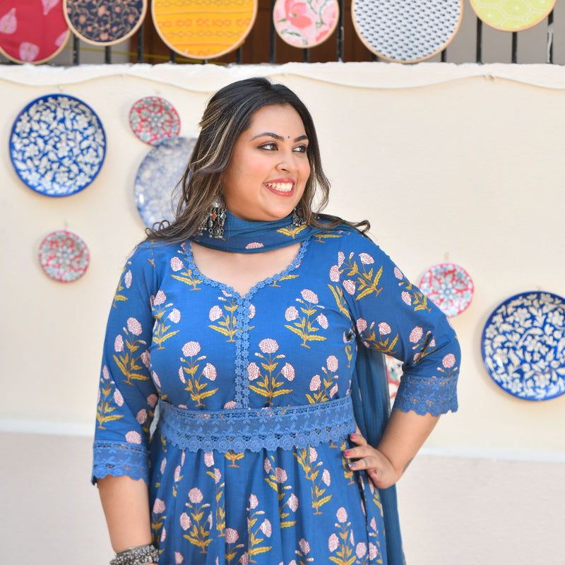 Cobalt Blue Floral Chikan Lace Cotton Anarkali Set