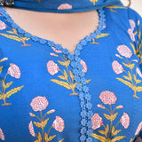 Cobalt Blue Floral Chikan Lace Cotton Anarkali Set