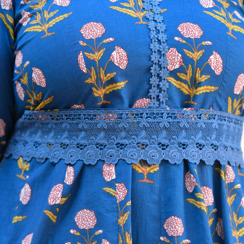 Cobalt Blue Floral Chikan Lace Cotton Anarkali