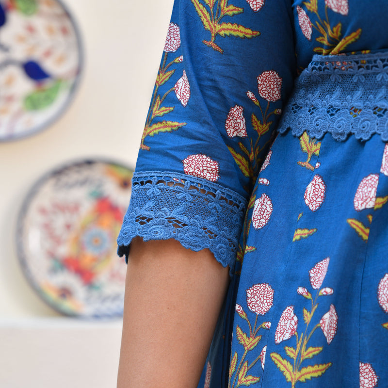 Cobalt Blue Floral Chikan Lace Cotton Anarkali Set